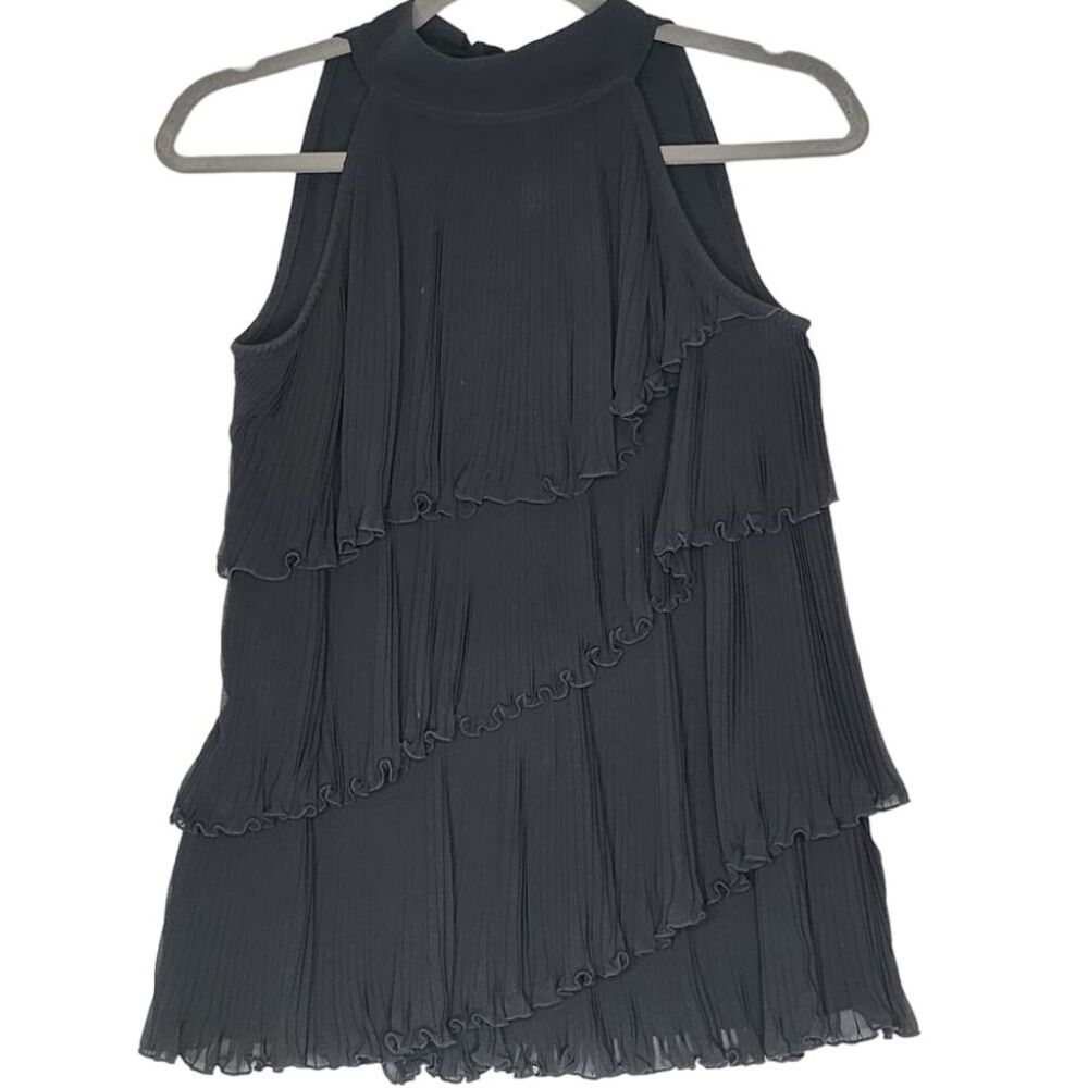 Black Halter Tank Blouse XS Ruffle Layered Bow Tie‎ at back of neck pull over